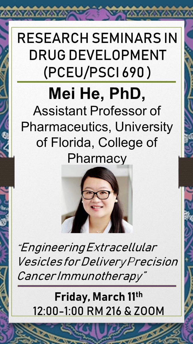 We are excited to welcome <a href="/UF_HE_LAB/">Dr. MEI HE</a> as presenter for tomorrow's Research Seminar in Drug Development. Dr. He will be sharing her work in Engineering Extracellular Vesicles for Delivery Precision Cancer Immunotherapy. 

Contact qxu@vcu.edu for the Zoom meeting link and password