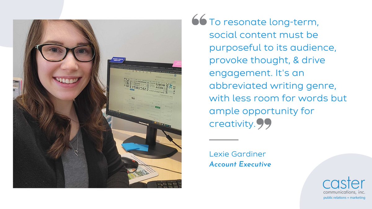 What makes a #socialmedia strategy sustainable? Account Exec <a href="/lexie_gardiner/">Lexie Gardiner</a> shares: "social #content must be purposeful to its audience, provoke thought, &amp; drive engagement. It's an abbreviated #writing genre, with less room for words but ample opportunity for creativity."