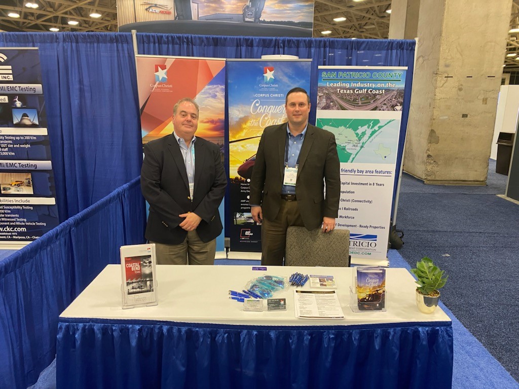 SanPatCountyEDC's tweet photo. Adam Gawarecki and Tommy J. Kurtz promoting the Coastal Bend to the helicopter and aerospace industry at the 2022 Heli Expo in Dallas, Texas. https://t.co/61MDr1zyCl