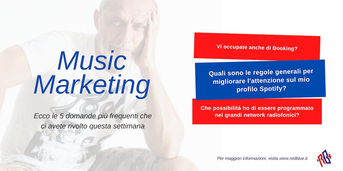Siamo partiti con la nuova offerta di marzo (promo radio, consulenza spotify, ed almeno una data live). Questa offerta ha scatenato una messe di domande pervenute alla nostra mail info@redblue.it 
Noi abbiamo risposto in questo articolo
redblue.it/le-5-domande-p…
