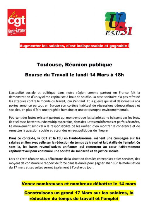 14 mars 18h Bourse du Travail Réunion Publique : Augmenter les salaires c'est indispensable et gagnable !