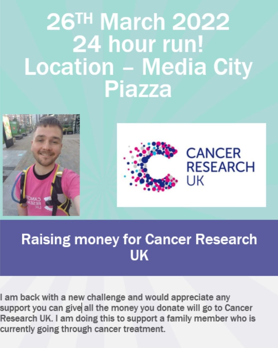👋 

I have some exciting news, 26th March I will be taking on my biggest challenge! 24 hour run in <a href="/MediaCityUK/">MediaCityUK</a> it will be a mix of treadmill and a 10k route around the area.

Support me if you can! justgiving.com/fundraising/to…

<a href="/CR_UK/">Cancer Research UK</a> 
<a href="/UKRunChat/">UKRunChat</a> 
<a href="/BBCBreakfast/">BBC Breakfast</a> 
<a href="/BBCRadioManc/">BBC Manchester</a>