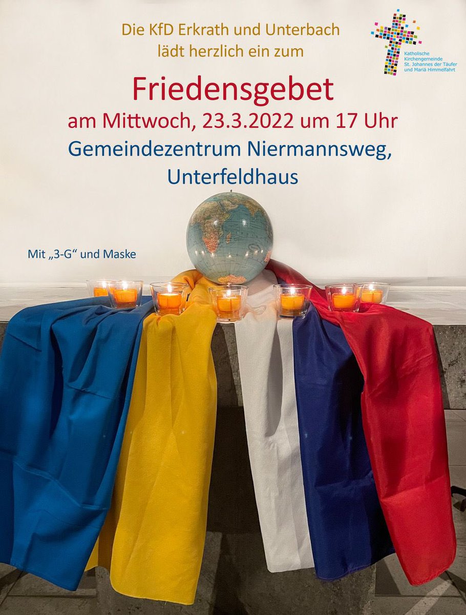 Als Alternative zum Sonntags #Friedensgebet. Am Mittwoch, 23.03.2022 laden wir Euch um 17.00 Uhr ins Gemeindezentrum #Erkrath #Unterfeldhaus ein. Denkt bitte an Euren 3G Nachweis und Maske. #Ökumene #Katholisch #PGR