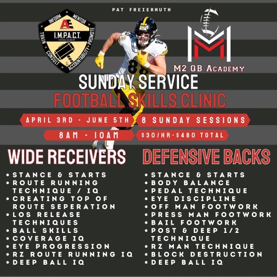 Calling all HS &amp; MS wide receivers and defensive backs! We have 8 Sunday mornings of the BEST #Teaching #Technique &amp; #Competition just for YOU ALL SPRING! Iron sharpening Iron, learning from the best. Limited slots available, SIGN UP NOW!! 
#M2QBAcadmey #EarnedNotGiven #Football