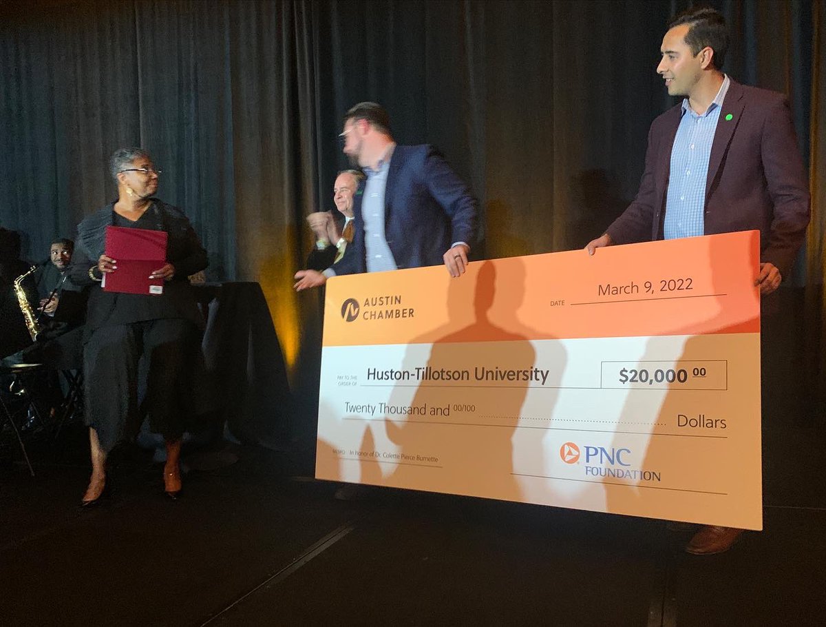 HustonTillotson's tweet photo. Campus Community and Treasured Supporters, our President Colette Pierce Burnette @HTPresCPB is the 2022 Austinite of the Year @AustinChamber! Enclosed, several magical moments from last night’s historic event🐏💛🎉! #HardWorkANDHeartWork #geniusgeneration #HTisIDEAL https://t.co/tt288Gslaw