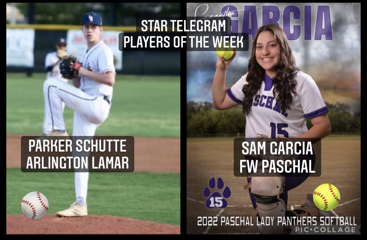 Congrats to Lamar’s <a href="/PSchutte08/">Parker Schutte</a> and Paschal’s <a href="/samgarcia_8/">Sam Garcia</a> on winning the first <a href="/dfwvarsity/">dfw varsity</a> <a href="/startelegram/">Fort Worth Star-Telegram</a> HS baseball and softball players of the week this season! Parker threw a no hitter and hit 2 HR. Sam batted 900 with 5 HR in a 2 day span! <a href="/LamarBaseball/">Lamar Vikings Baseball</a> <a href="/PaschalHSSB/">Paschal HS Softball</a>