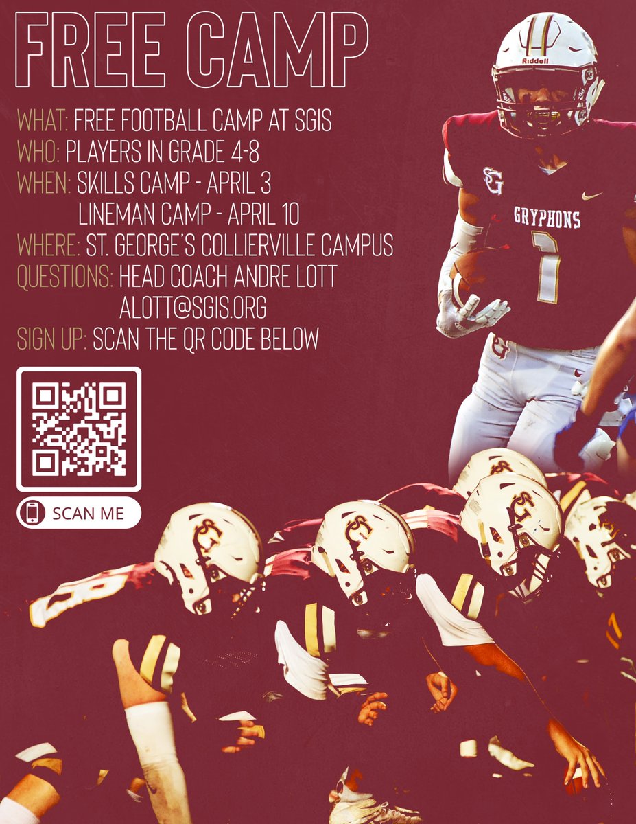 SGGryphFootball's tweet photo. It's been a while, but we're back at it!! Join us for one of our FREE camps to expand your knowledge on the basics of football. Sign up using the QR code below or the link is in our bio. See you there! #FAMILY #WIBTM https://t.co/ZerYzj11jS
