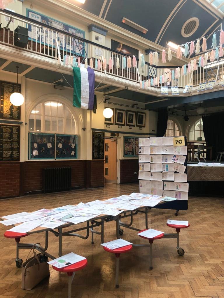 BrgsEnglish's tweet photo. It was great to see all of the World Book Day bookmark entries from Key Stage 3 on display in the Hall this lunchtime. There were so many excellent entries that we don't envy the role of the judges in picking the winner! https://t.co/WUJyz6MBpw