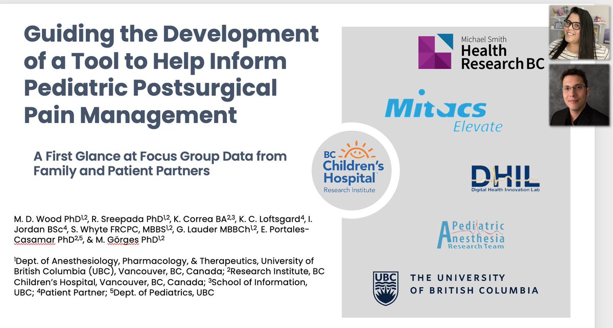 #PPF22 presentation by <a href="/kimqcorrea/">kim correa</a> and <a href="/MichaelWood1986/">Michael D. Wood</a> on Guiding the Development of a Tool to Help Inform Pediatric Postsurgical Pain Management – A First Glance at Focus Group Data from Family and Patient Partners. <a href="/BCCHresearch/">BC Children's Hospital Research Institute</a> <a href="/ubc_anes/">UBC Anesthesiology Residency Program</a> <a href="/BCCH_DHILab/">Digital Health Innovation Lab</a> <a href="/BCSUPPORTUnit/">BC SUPPORT Unit</a>