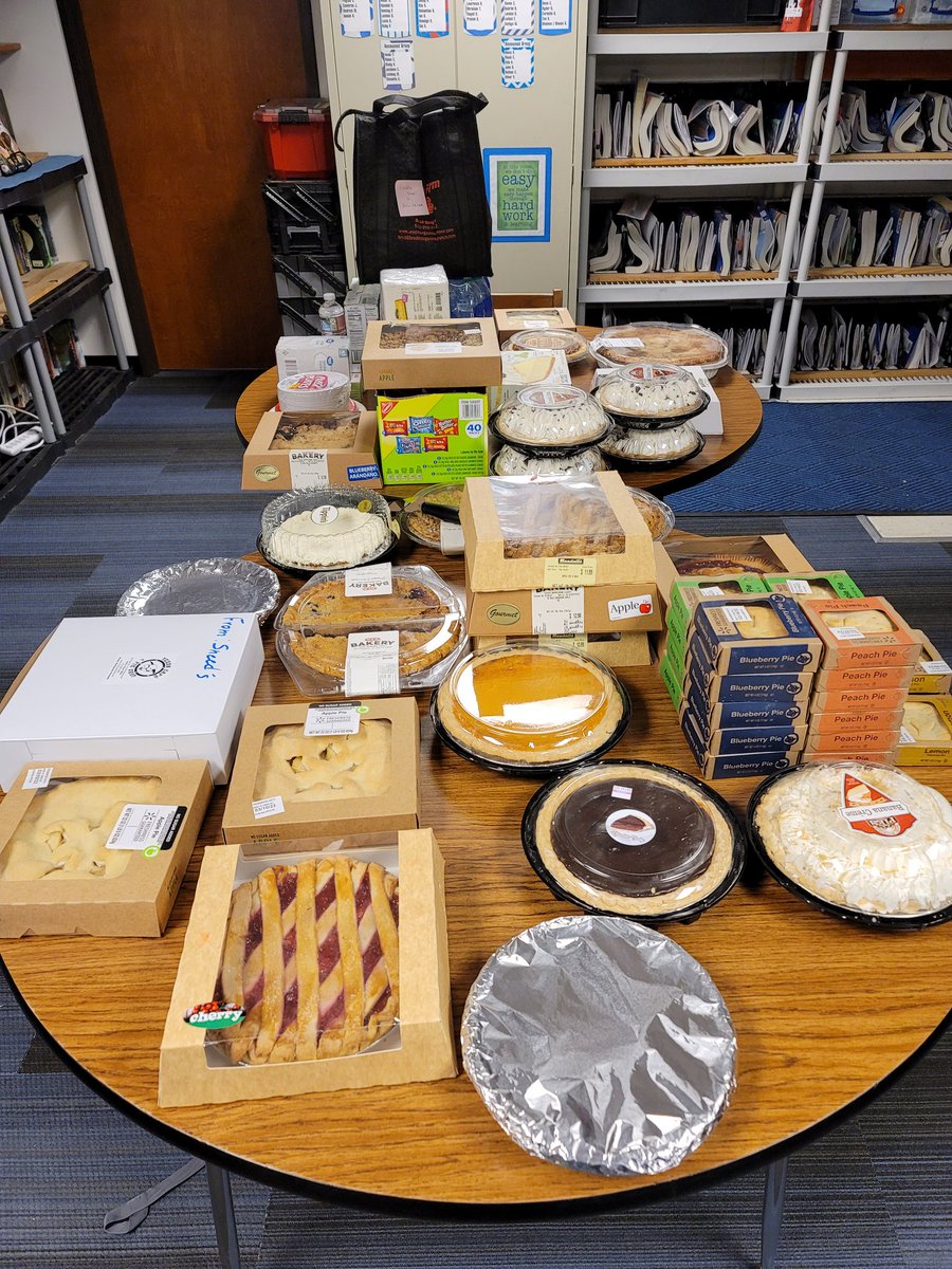 Myrrdon's tweet photo. My 5th graders are celebrating Pi Day early.  Do you think we have enough pies? https://t.co/Qlw4qPzriO