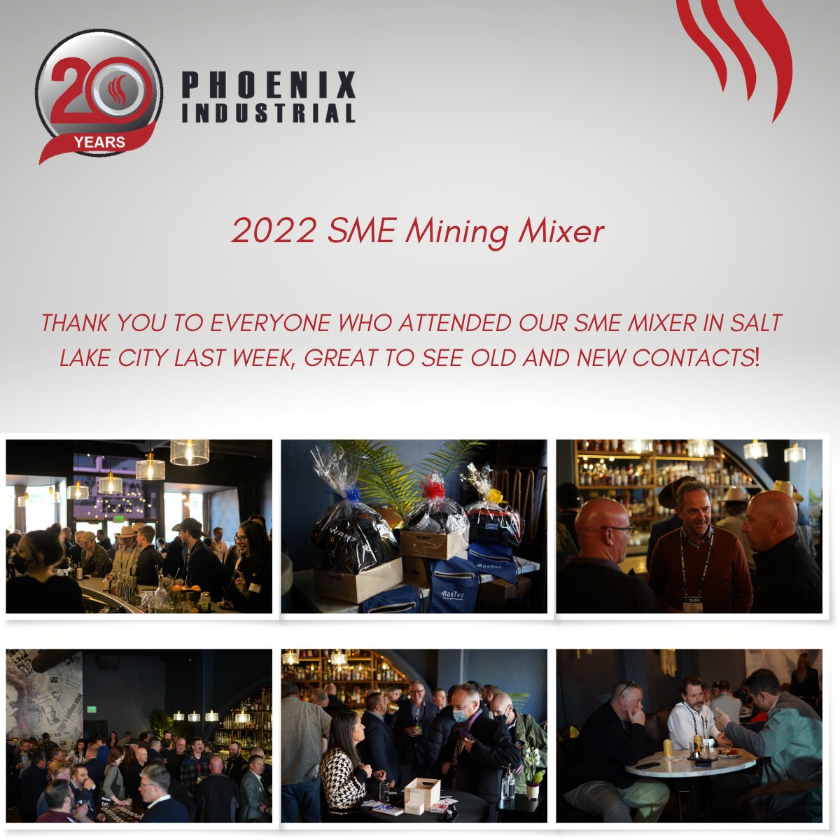 PhoenixIndustr5's tweet photo. Thank you to everyone who attended our SME Mixer in Salt Lake City last week, great to see old and new contacts!

#SME
#MINEXCHANGE2022 https://t.co/eDwZgCcBeW