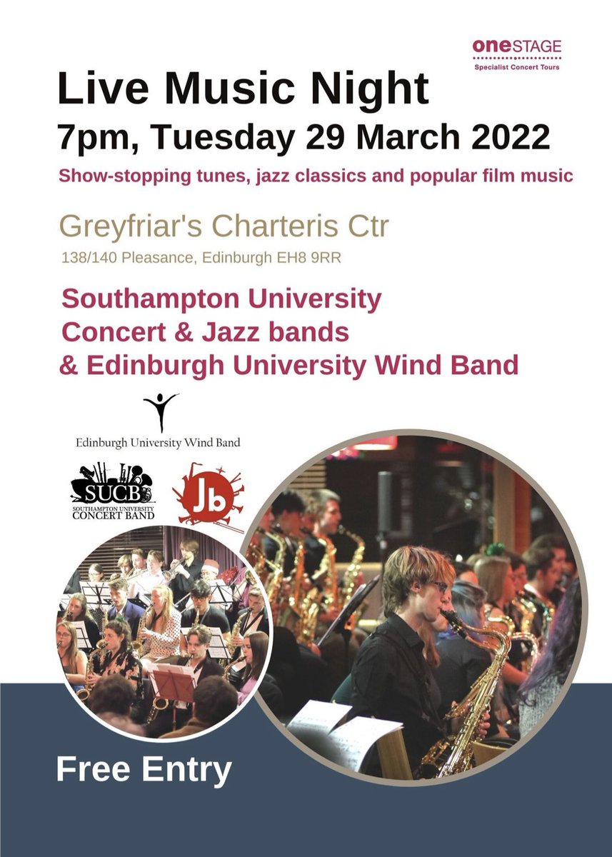 Battle of the Bands! Live music by <a href="/SUConcertBand/">SUCB</a> &amp; SUJazzBand &amp; Edi Uni Wind Band. Free Entry! Come along &amp; support them #battleofthebands #bandontour #livemusic  <a href="/EUBrassBand/">Edinburgh University Brass Band</a> <a href="/euclarinetchoir/">Edinburgh University Clarinet Choir</a> <a href="/EdinburghUni/">The University of Edinburgh</a> <a href="/ccb_edinburgh/">Capital Concert Band</a> @EdinburghBrass <a href="/edinburghcoems/">City of Edinburgh Music School</a>