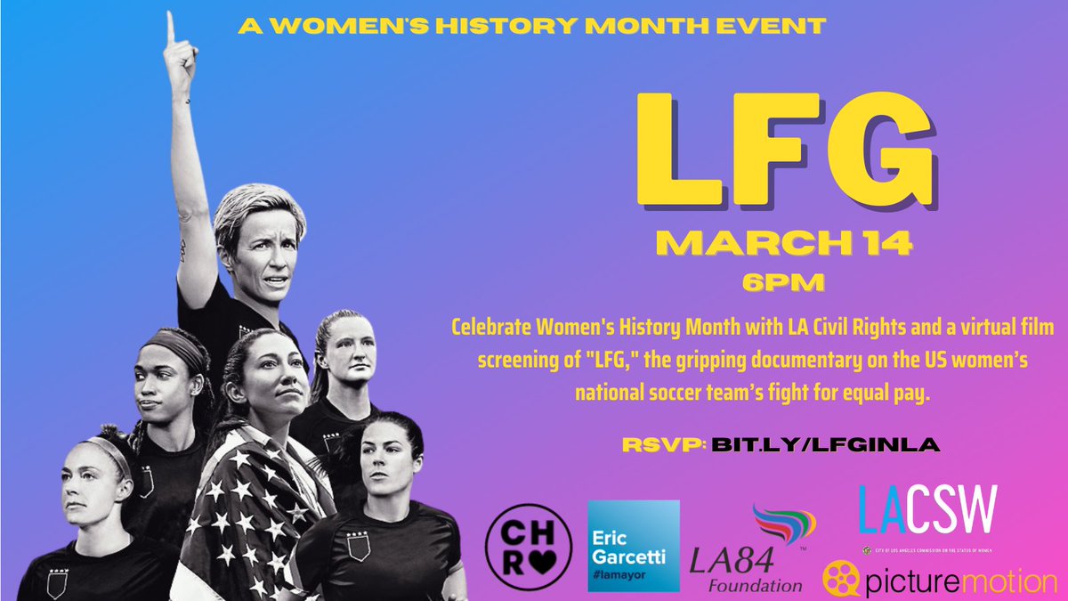 We are thrilled to announce <a href="/LA84Foundation/">LA84 Foundation</a> has just joined our #WomensHistoryMonth Film Screening event this Monday, March 14th at 6PM.

<a href="/lfgthemovie/">LFG The Movie</a> tells the true story of US Women's Soccer and their historic fight for #equalpay. Don't miss it!

RSVP: bit.ly/LFGinLA