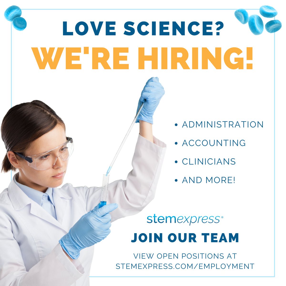 CGT_Global's tweet image. Love science? We are looking for people JUST LIKE YOU to join our award-winning team. 

Open positions include: 

💼 Account Executives
👩‍⚕️ Phlebotomists
📊 Accounts Receivable

And more! Visit us online to apply: bit.ly/35C9P2R

#NowHiring #StemExpress #CellAndGene