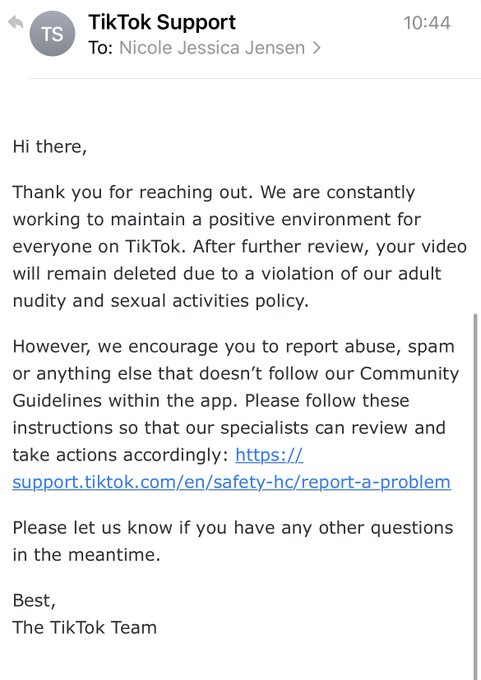 1 pic. Below you will see the response from @tiktok_us to my inquiry of why the video on TikTok from