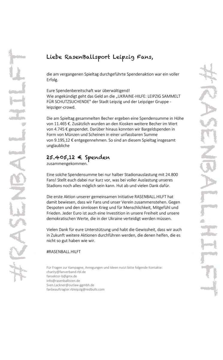 Im Namen von #RASENBALLHILFT sagen wir Danke für jede einzelne eurer 🇺🇦 Spenden. Danke für unglaubliche 25.405,12€, die wir an "UKRAINE-HILFE: LEIPZIG SAMMELT FÜR SCHUTZSUCHENDE" der <a href="/StadtLeipzig/">Stadt Leipzig</a> übergeben werden. #Ukraine