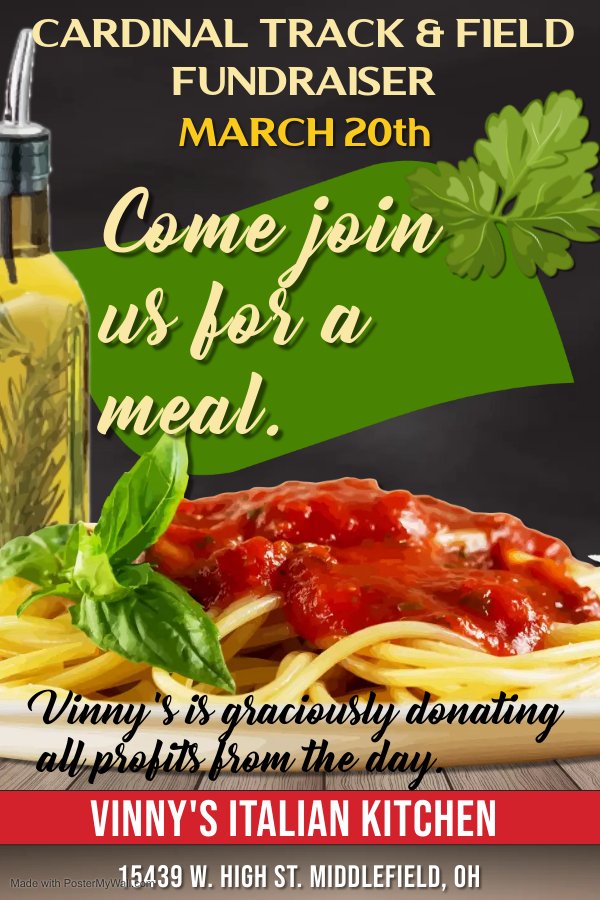 CardinalHSTrack's tweet photo. Hey Geauga County let's suppport two great causes at once. On Sunday, March 20th the track team will be teaming with Vinny's Italian Kitchen to raise funds. Would love to see you there! https://t.co/Y0l0sW288v