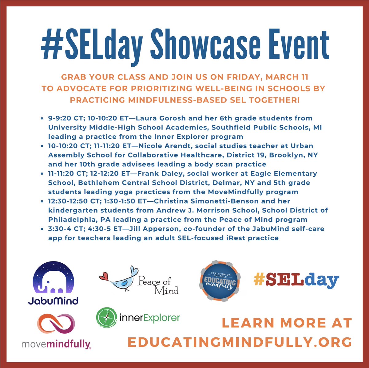 EdMindfully's tweet image. Coalition of Schools Educating Mindfully is celebrating #SELday by hosting an event to highlight the power of mindfulness as a foundation for SEL. Grab your class and join us on @Zoom for five practices co-led by educators and students from across the US. Educatingmindfully.org