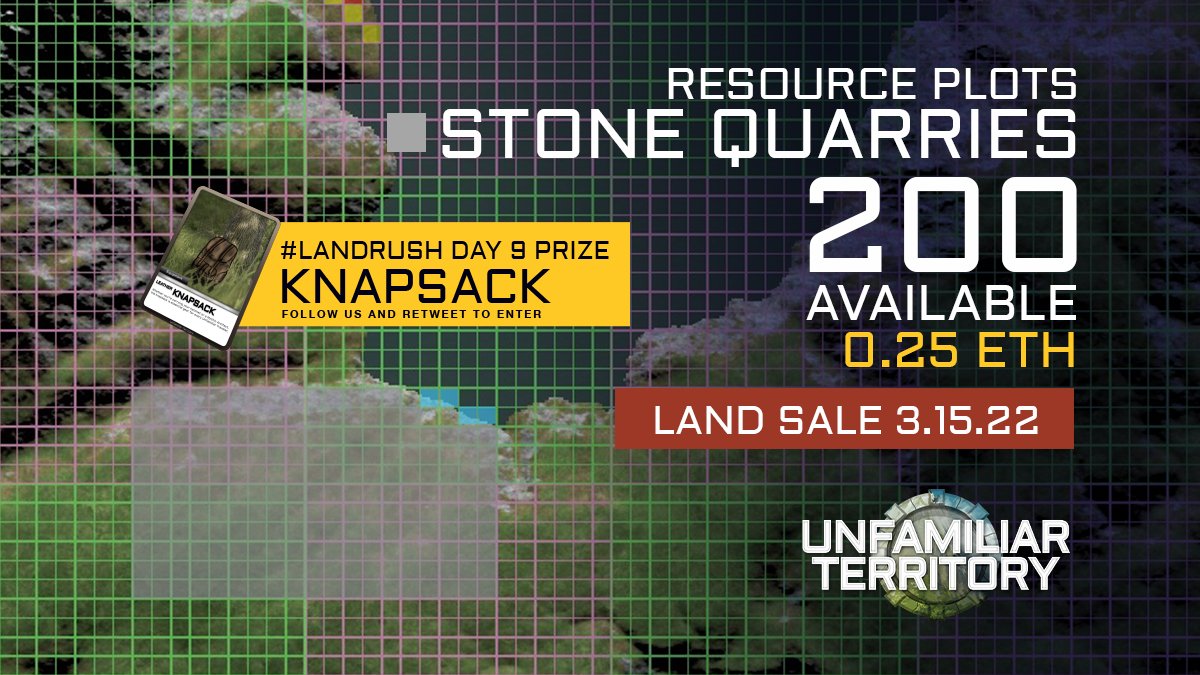Unfam_territory's tweet photo. 1/ Day 10 of the #LandRush NFT Giveaway! The next couple days we talk plot types. Mining the stone from these resource plots will reward you with in-game token RIVR. Learn more in 2/ below. Follow us and Retweet this post for your chance to win a Knapsack NFT! LAND SALE 3.15.22 https://t.co/prSCteMap5