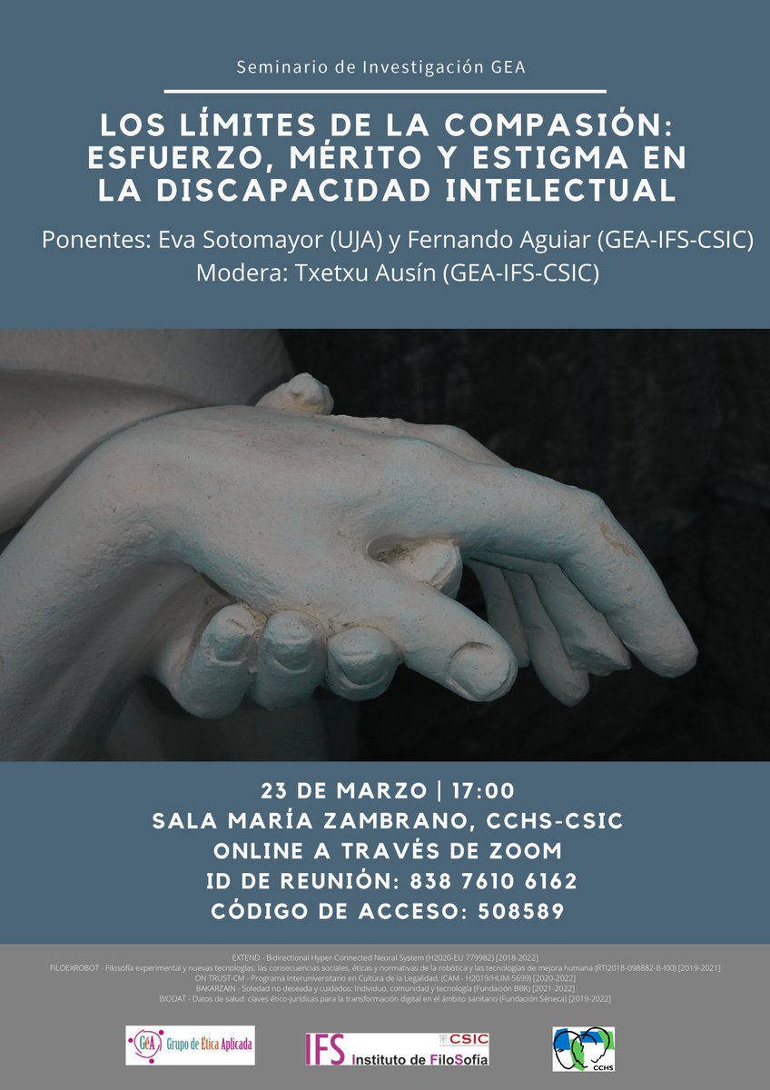 23 de marzo, a las 17:00 Seminario GEA a cargo de @Faguiar637 y Eva Sotomayor @ujaen 'Los límites de la compasión:esfuerzo, mérito y estigma en la discapacidad intelectual. Modera @AusinTxetxu, @CCHS_CSIC