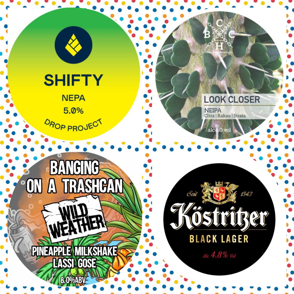 BeerHuntress's tweet photo. This week's FRIDAY FOURS line up pouring from Noon tomorrow 😍
🍻🍻🍻🍻🍻🍻🍻🍻🍻🍻🍻🍻
@dropprojectbrew - Shifty 5%
@ChainHouseBrew - Look Closer 6%
@WildWeatherAles - Banging on a Trashcan 8%
@Köstritzer - Schwarzbier 4.8%
#fridayfours #fourbat #hereforthebeer #styles https://t.co/aWQD8trCKV