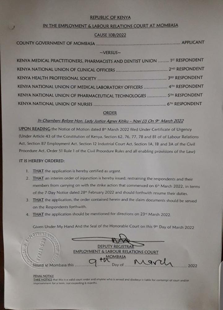 CoastKmpdu's tweet photo. 5 days into the strike a court order was issued to the unions, restraining them and their members from participating in the industrial action. This was after the county government submitted a notice of motion at the industrial court. The unions obliged. https://t.co/35iYdmdz8u