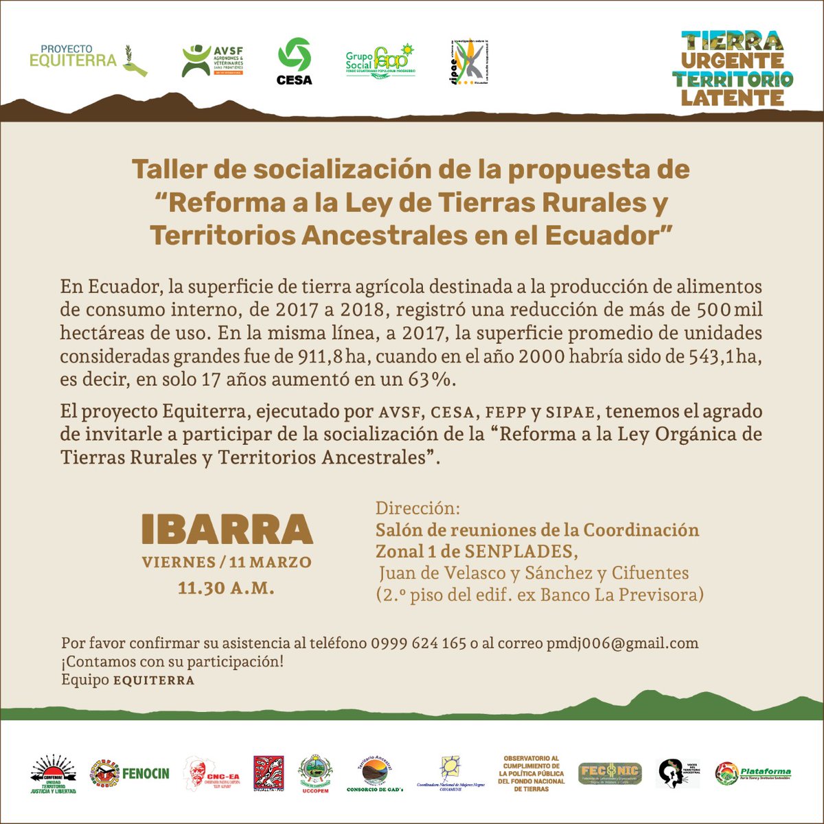 CNacionalTierra's tweet photo. 🟤🟢🟤 #Equiterra 🇪🇨 
INVITACIÓN
@AVSF_Latam, @INFOFEPP, @CesaEcuador y @SipaeEcuador invitan a la socialización de la “Reforma a la Ley Orgánica de Tierras Rurales y Territorios Ancestrales”.
Fecha: viernes 11 de marzo de 2022
Hora: 11.30 a.m.
Dirección: SENPLADES (Ibarra) https://t.co/3pmR8XBCkA