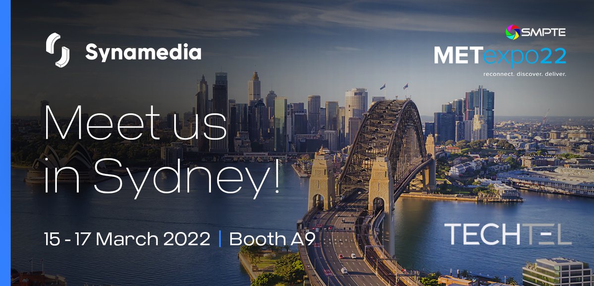 SynamediaVideo's tweet photo. Don’t miss out! Next week, we’ll be at the #METexpo with our partner @Techtel_AUNZ. Visit us in booth A9 for more on our comprehensive portfolio of video workflows and workflows-as-a-service offerings. #videonetwork https://t.co/oRTUAY2uuw