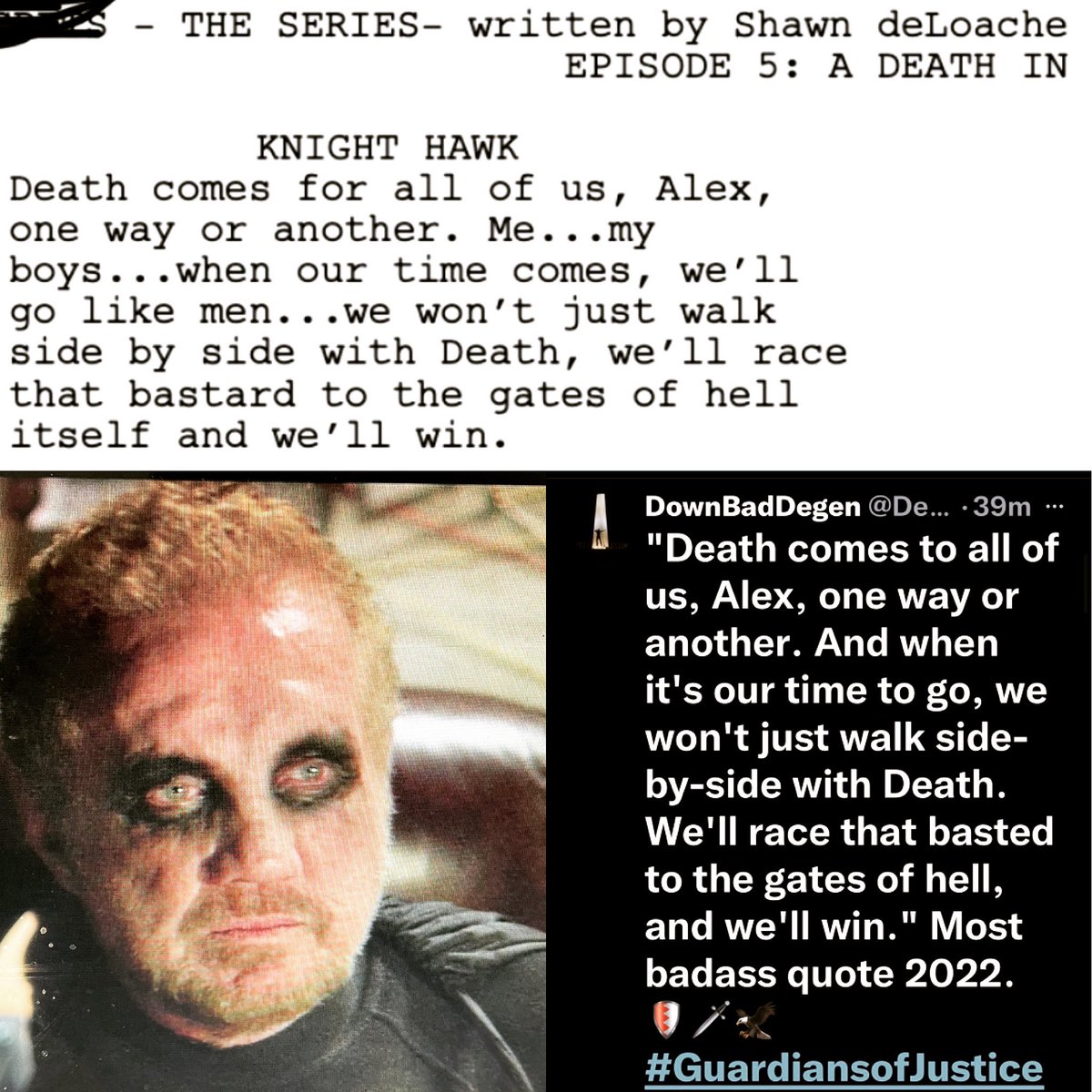 From script to screen to someone’s quote of the year. Pretty cool, especially when those lines are delivered by the legendary talent that is @diamonddallaspage !#theguardiansofjustice #writersofinstagram #ddp #knighthawk #wwe #screenwriting #Netflix