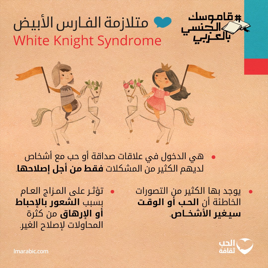 هناك فارق بين دعم الآخرين وبين الرغبة الملحّة لإنقاذهم. هل سمعتم عن متلازمة  الفارس الأبيض؟ تعرفوا على معناها من الصورة وشاركونا، هل وجدتم أنفسكم في هذا  الموقف من قبل؟ #الحب_ثقافة #إنقاذ #الحب #