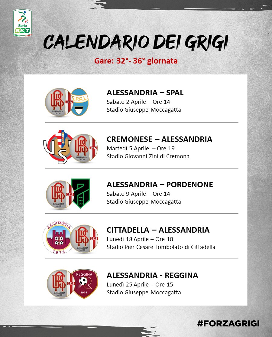 usalessandria's tweet photo. Il calendario dei #Grigi ⚽️🐻
📌Programma dalla 32° alla 36° giornata 💪🏻
#programmagare #meseaprile #alessandriacalcio #campionato #SerieBKT #ForzaGrigi https://t.co/oY2FTWss47