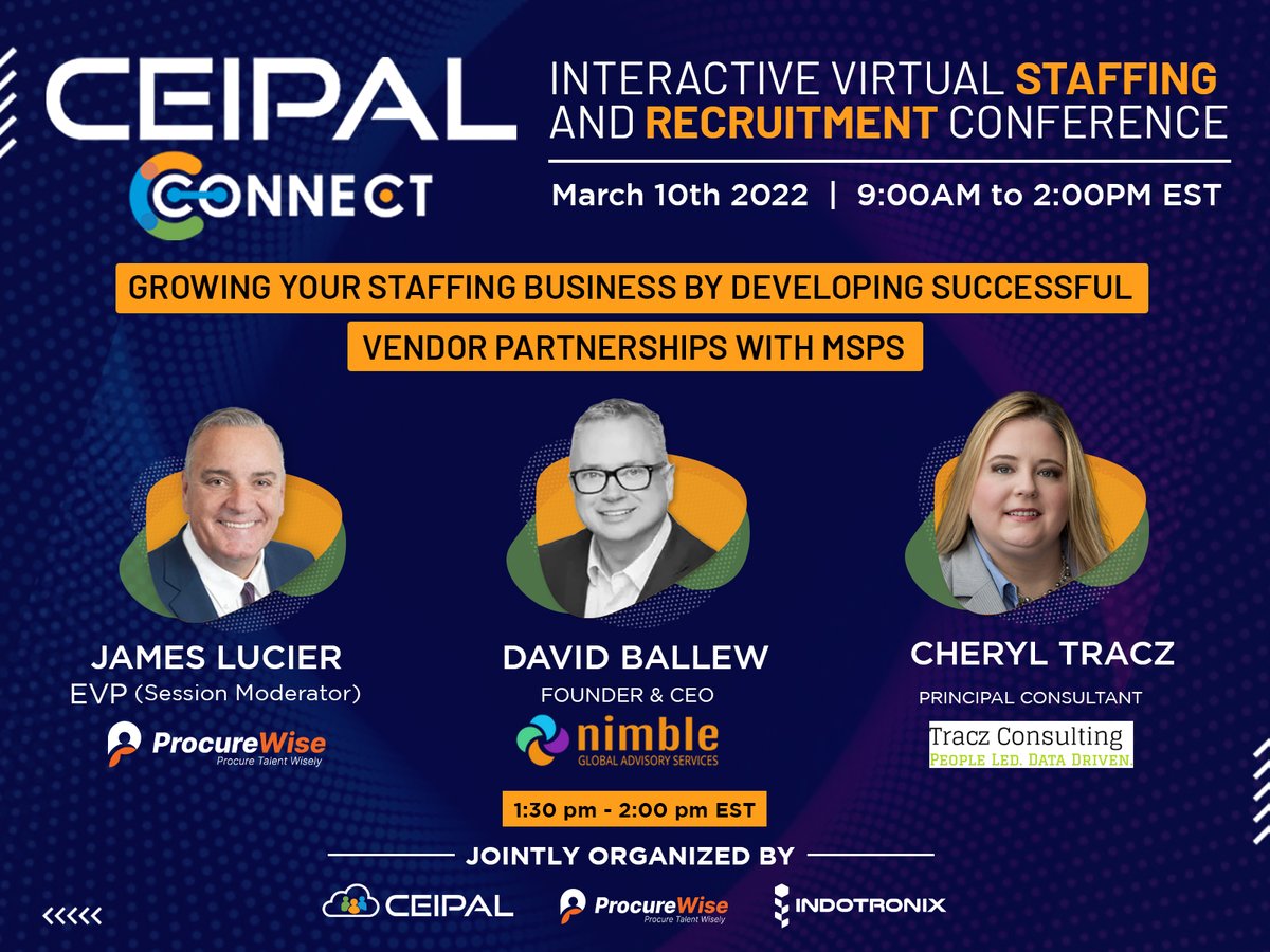 CeipalCorp's tweet photo. In 15 minutes, our #CEIPALConnect session with David Ballew & @Cheryl_Tracz on "Growing Your Staffing Business by Developing Successful Vendor Partnerships with MSPs" will be live. It's not too late to join! Register for FREE now! https://t.co/XcB6hTfoZW
@IndotronixAvani https://t.co/8OCwZimXOm