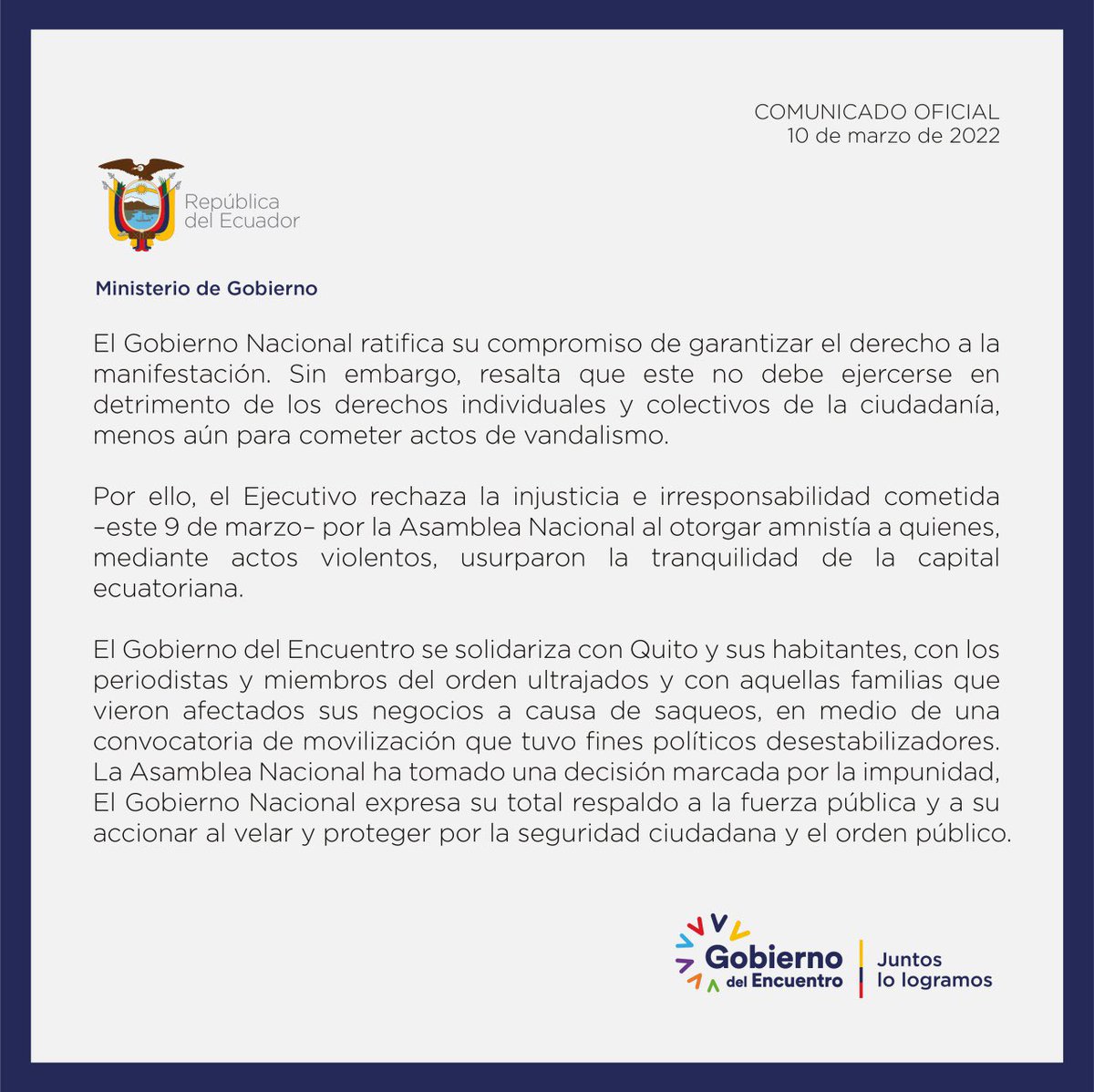 Ministerio de Gobierno Ecuador tweet media
