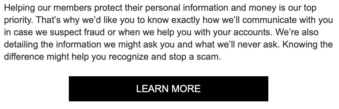 lwischik's tweet photo. When you get an unsolicited email claiming to be from your credit union, inviting you to click a link you have no reason to trust, with advice on how to avoid scams...?? No thanks! @FirstTechFed @SethRuden https://t.co/PNnGcDENa1