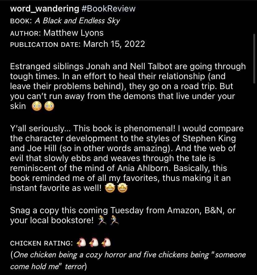 word_wandering's tweet photo. ARC #BookReview
See below for a full review of @cannibalghosts new book A Black and Endless Sky!
And be sure to grab a copy when it drops next Tuesday!
Rating: 🌟🌟🌟🌟🌟
Chicken Rating: 🐔🐔🐔
Thank you @NetGalley and #KeylightBooks for allowing me an advanced copy! https://t.co/eFbjQtUUBB