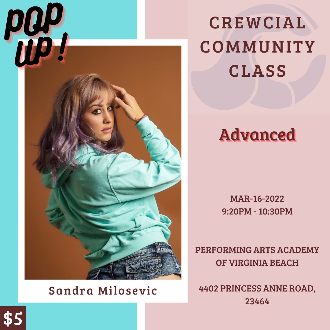 CREWcialVA's tweet photo. Next week we have one of our very own Sandra Milosevic! As usual community classes will be from 9:20pm-10:30pm and classes are only $5! So bring a friend or 2 or 5 and let’s gets this training and have fun!

‼️MASKS REQUIRED‼️ https://t.co/qd8nPV61Cd