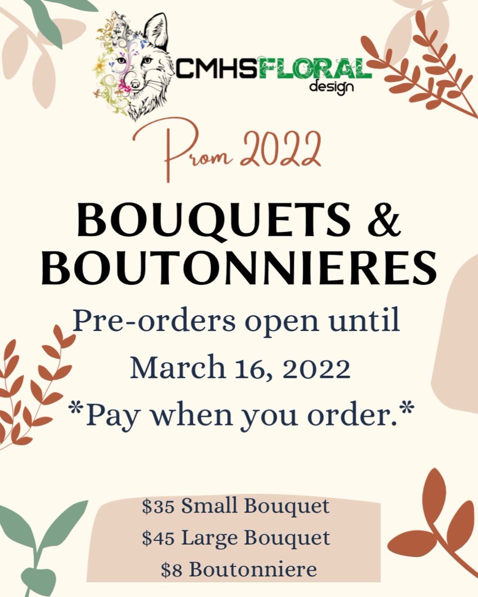 cmhs_floral's tweet photo. Prom orders! PM or email cmhsfloral@gmail.com for more information and ordering. Orders due March 16 !! https://t.co/zfOrledJ7W