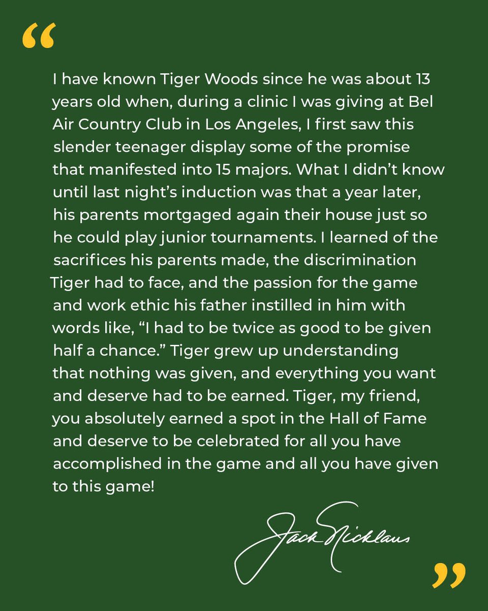 jacknicklaus's tweet image. Last night’s World @GolfHallofFame ceremony was a night to celebrate the great game of golf but also a handful of individuals who have shape the game I love. The night gave us a chance to reflect on their accomplishments, and it also gave us a glimpse into their past.