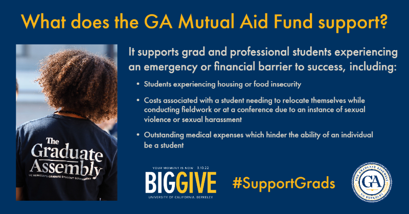 There are 6 hours left to #SupportGrads during #CalBigGive! The Graduate Assembly is raising money for the GA Mutual Aid Fund to support grad and professional students experiencing an emergency or a financial barrier to success: givingday.berkeley.edu/giving-day/412…