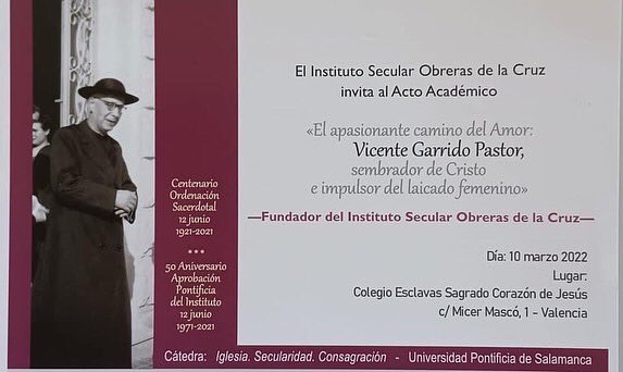 MInmaculadaJ's tweet photo. Hoy hemos acompañadoal @ObrerasdelaCruz  en el Acto Académico: "El apasionante Camino del Amor: Vicente Garrido Pastor, sembrador de Cristo e impulsor del laicado femenino", con motivo del Centenario de la Ordenación Sacerdotal de D.Vicente Garrido @cole_sagrada,@colemariaasunta https://t.co/uRTrx2IV4c