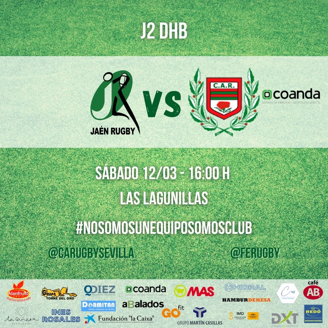 Carugbysevilla's tweet photo. Segunda cita de la segunda vuelta. CAR Coanda viaja este sábado a Las Lagunillas para medirse contra Jaén Rugby, líder de la competición. La 2ª Jornada de la Liga DHB, Grupo C, se disputará a las 16:00 horas. #CarCoanda #NoSomosUnEquipoSomosClub https://t.co/NIAk4o3Z58