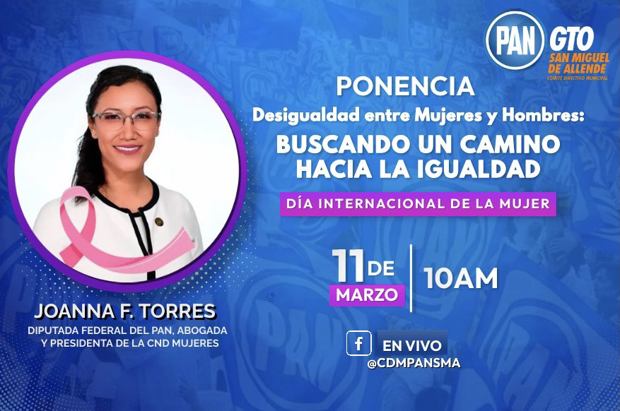 CDMPANSMA's tweet photo. Porque @AccionNacional #SíLeSabe, continuamos con la conmemoración del #DíaInternacionalDeLaMujer. No puedes perderte la interesante  ponencia de la diputada federal y presidenta de la @CNDMujeres, @Joannaftorres.👩🏻‍🦱💜

Nos vemos 📲#EnVivo este viernes por https://t.co/W2xzE3oDTb https://t.co/0GTT1JYyi7
