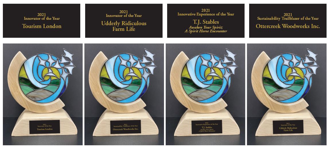 OntSouthwest's tweet photo. Congratulations to the winners of the 2021 #OntSouthwest Tourism Innovation Awards! The following award-winning businesses and destinations are all must-visit spots to add to your list: #TJStables, @tourism_london, #UdderlyRidiculous Farm Life, and #OttercreekWoodworks! https://t.co/I1z97mKJTj