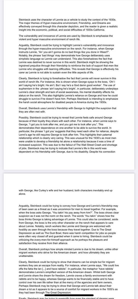 Some fantastic examples of 10X1 and 10Y2’s Lennie essays; this was their first attempt at an essay response! As a class, we will be analysing these WAGOLLs under the visualiser in order to identify WWW and EBIs. Excellent work <a href="/Caldicot_Y10/">Caldicot School Year 10</a> - keep it up!👏🏼 <a href="/CaldicotEng/">Caldicot English</a>
