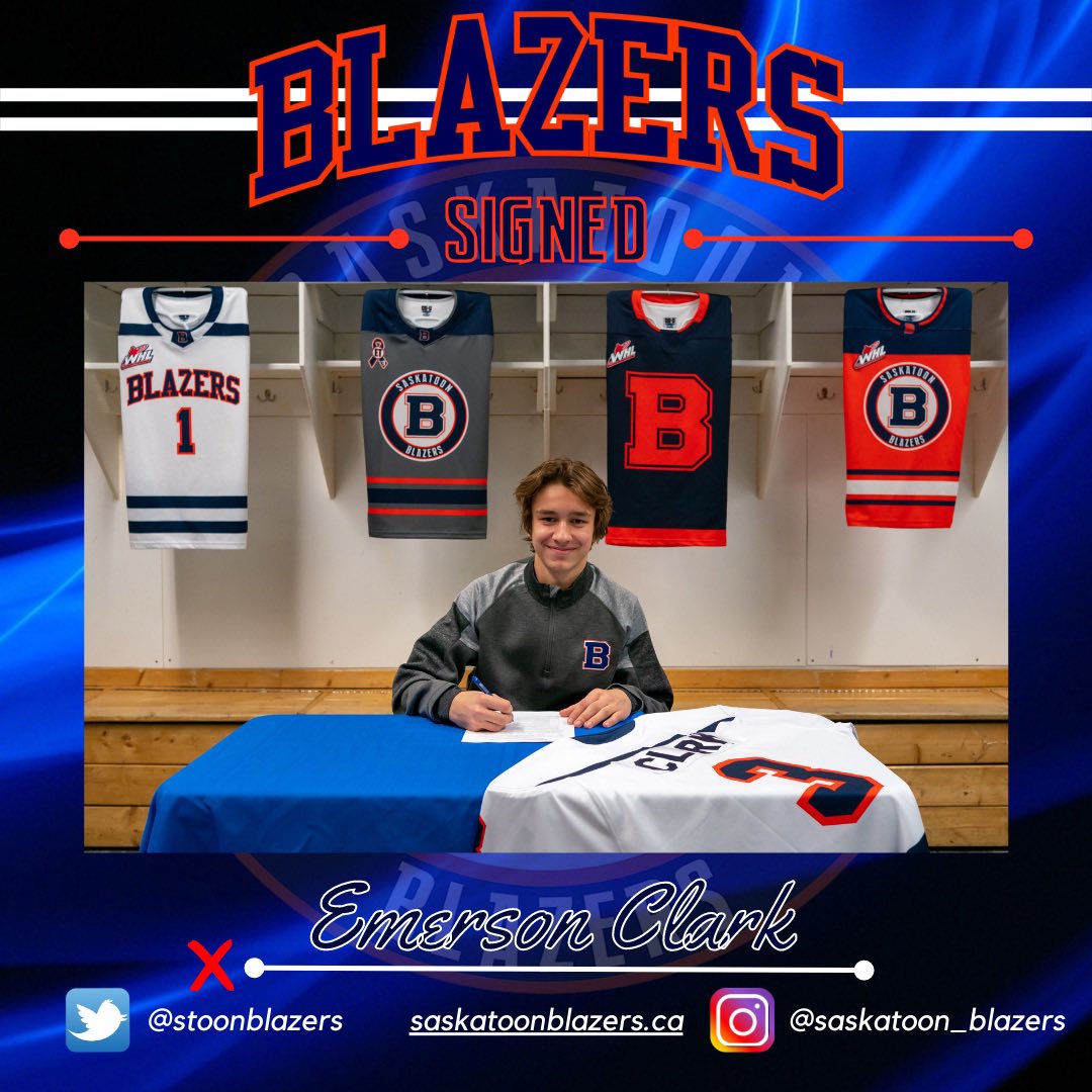 The Blazers are excited to announce the commitment of ‘07 D, Emerson Clark. Emerson had 41 pts (12G, 29A) in 31 reg season GP this year with the Saskatoon Stallions. His 15 PP assists were T1 among U15AA D-men in Sask.

Welcome to the Blazers Family Emerson!

#BlazersHockey🔥🔥🔥