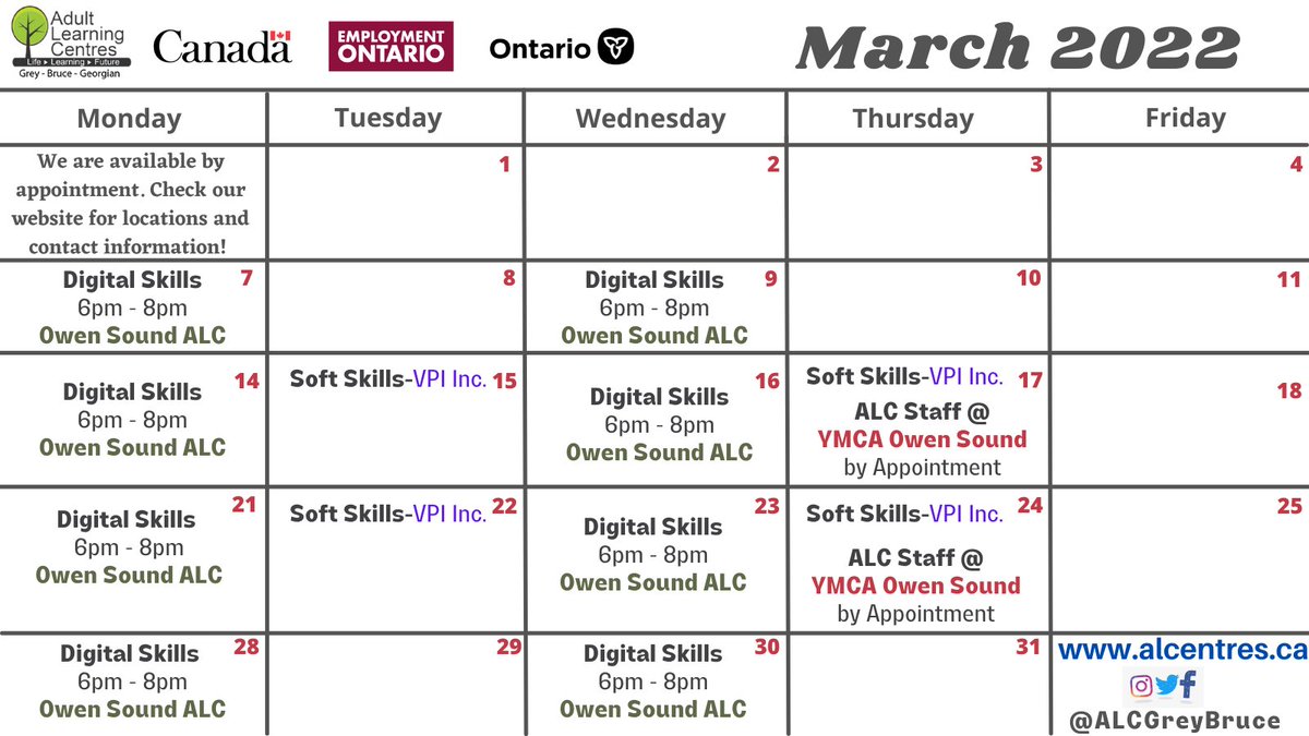 Here is an UPDATED calendar of workshops for March!
ALC Owen Sound Staff will be <a href="/YMCAOSGB_CES/">YMCA of OSGB: Community | Employment | Settlement</a>  office on Thurs.Mar.17&amp;Mar.24. Book your appointment here: ymcaemploymentservicesos.as.me
Our Owen Sound ALC office is open Mon&amp;Wed nights for digital skills upgrading and GED Prep.