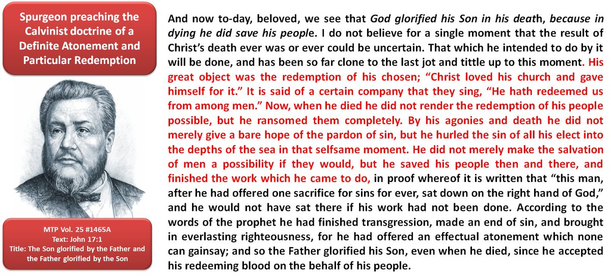 weecalvin1509's tweet photo. Let me be clear with this tweet. CH Spurgeon (nor indeed any uninspired man) is not my final authority. That said, I think he articulates the Bible truth re: those whose guilt was ACTUALLY borne away by Christ magnificently. Good straight Biblical teaching.  #ParticularRedemption https://t.co/HJaLNAqzhs
