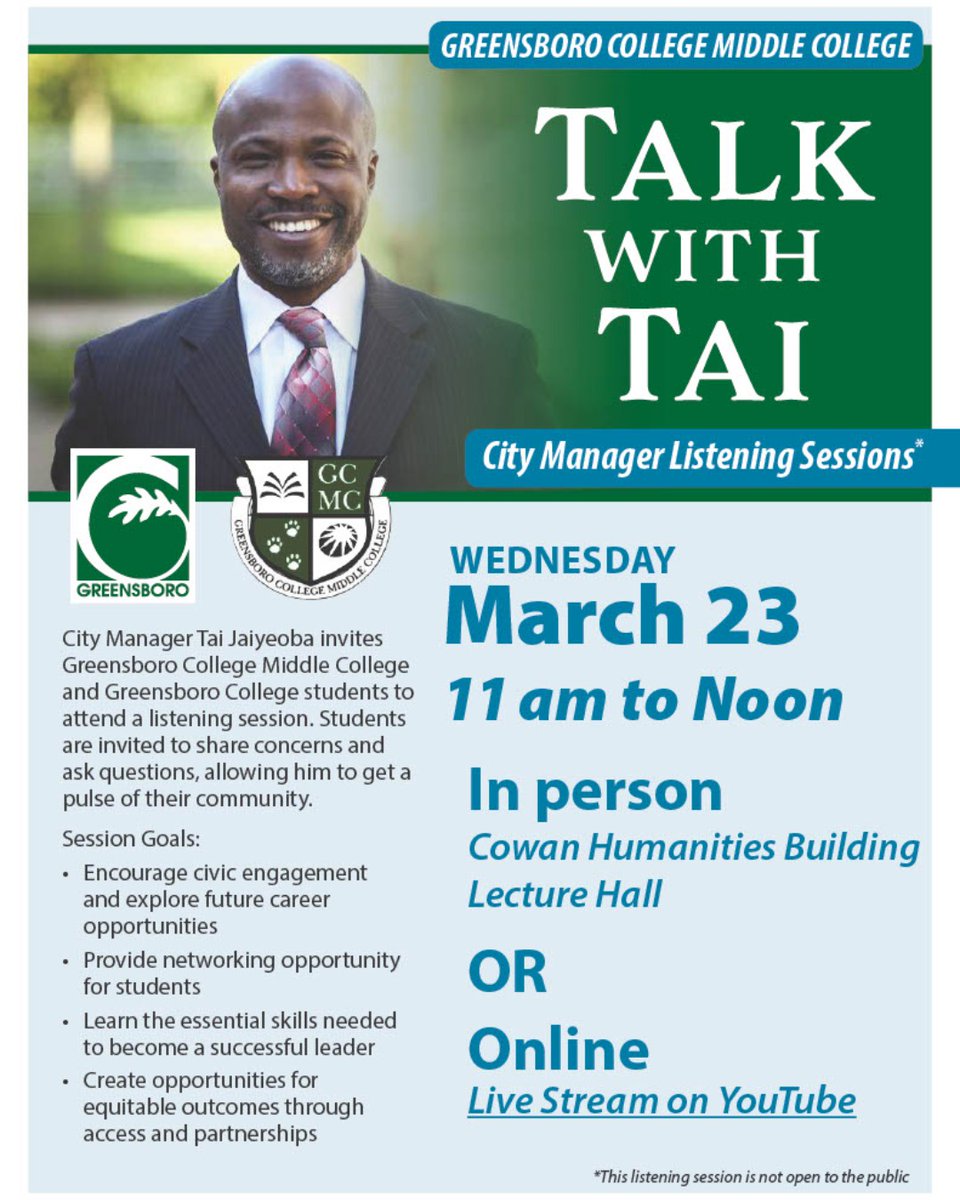 GCMCHS_Pride's tweet photo. At GCMC, our vision is for students to solve problems, think critically, and communicate ideas and learning beyond the high school classroom. Our students are excited for 3/23 with our new City Manager Taiwo Jaiyeoba!
@GCSchoolsNC
@GCS_DEI_Office 
@scontrerasGCS
@winnerspath https://t.co/MwSjkwo0Ua