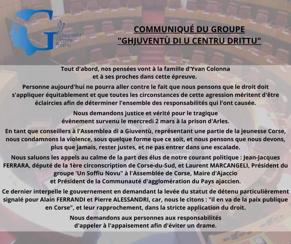 G_CentruDrittu's tweet photo. Notre Président @JATarelli a participé ce matin à une conf des Pdts de l'Assemblea di a Giuventù au sujet des évènements qui agitent notre île depuis plusieurs jours.
À l'issue de cette réunion,les conseillers du groupe vous invitent à prendre connaissance du communiqué suivant⤵️ https://t.co/Sft1Wgr8sF
