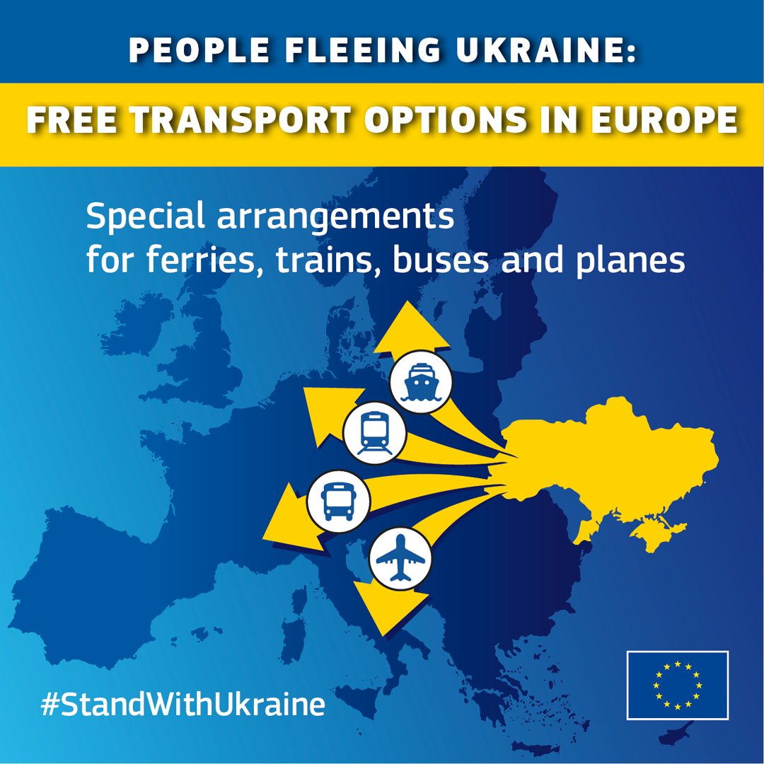 Transport_EU's tweet photo. For those fleeing Ukraine and seeking safety in the 🇪🇺, European transport operators are offering free travel by 🚆, 🚍, ⛴️ &amp;  ✈️

Find information on transport options and your rights on the new website: EU Stands with Ukraine.

➞ https://t.co/0Lr4dVB6SQ

#StandWithUkraine https://t.co/618FFQ8yFa